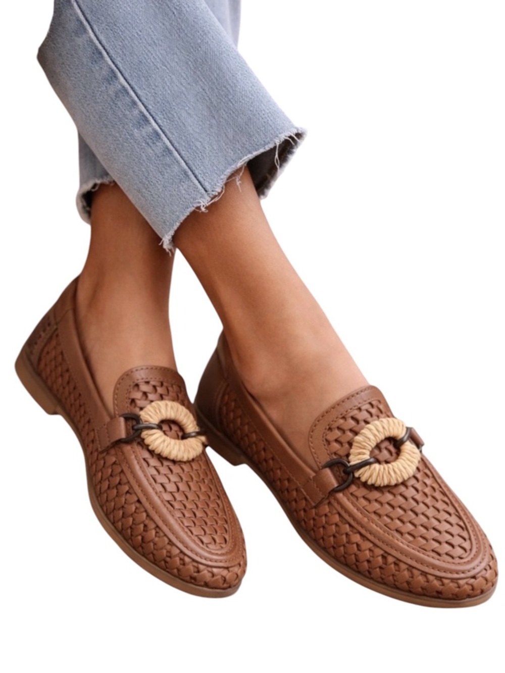 Brioso Presley Woven Leather Ornamented Loafers Tan Size 9.5